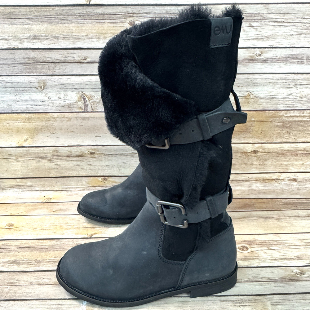 Emu Womens Black Leather Biker Boots with Shepskin Lining Size 7 - Picture 4 of 11